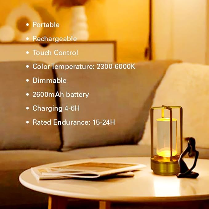 CLT Cordless Luxury Rechargeable Metal LED Lantern, Table Lamp Portable Light with 3 Color Temperature Stepless Dimming Indoor Outdoor Use for Bedroom, Restaurant, Bar, Coffee Shop, Camping (Black)