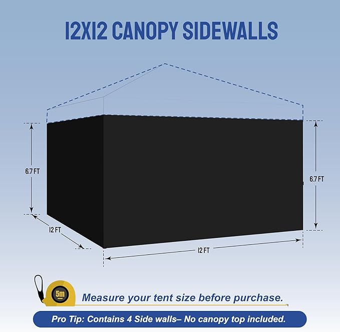 CROWN SHADES 12x12 Canopy Sidewalls (4pck) - Side Walls 12x12, Sidewalls for Canopy - Tent Accessories, Black