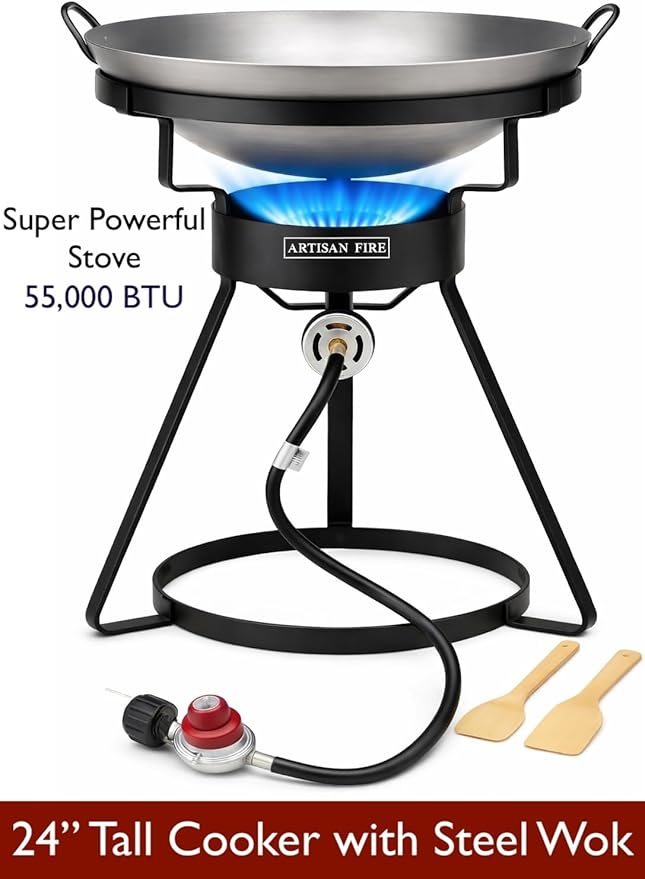 Outdoor Cooker Stove with Iron Wok-Propane Grill-55,000 BTU High Pressure Propane Burner-Ideal for Backyard BBQ, Camp Stove