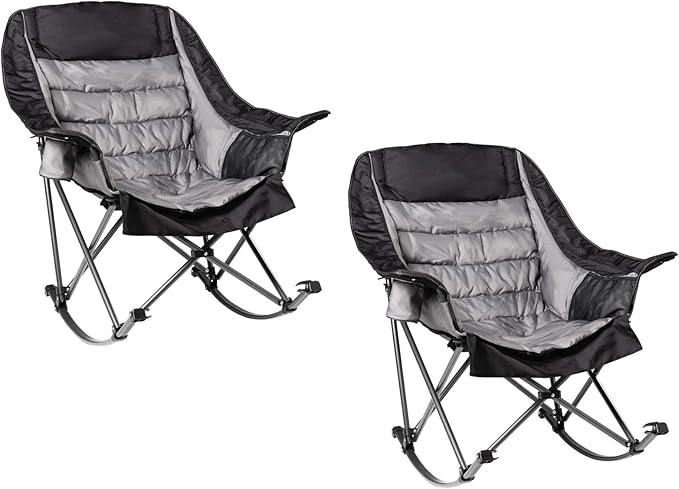 2 PCS Oversized Rocking Camping Chair for Adults - 400lbs Capacity Padded Camp Chair, Portable Foldable Outdoor Rocker Chair for Camping, Backyard, Patio (Black & Gray)