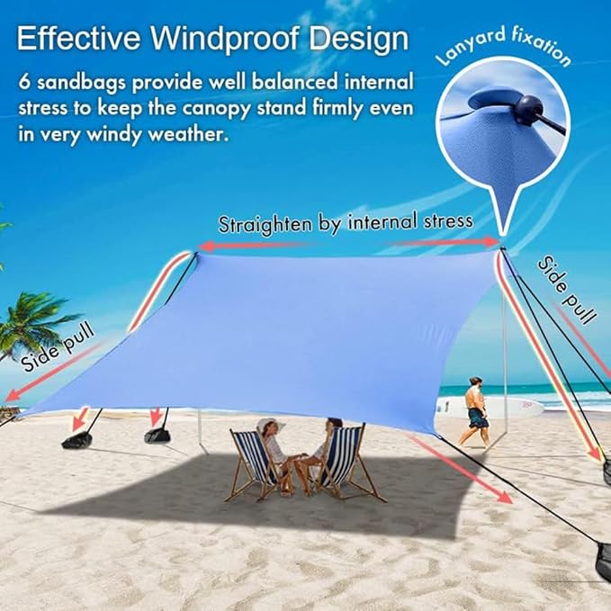 Beach Canopy Windproof Design, Sun Shelter UPF50+ Portable Family Tent with 6 Sandbags Anchors 8x8 FT 2 Pole Pop Up Outdoor Shelter for Beach, Camping, Fishing, Backyard