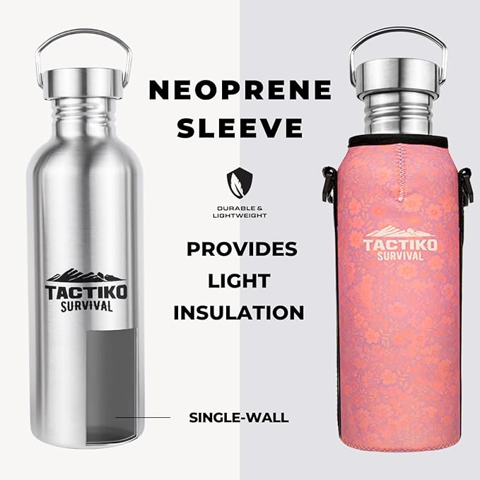 Tactiko Survival 34 oz/1000 ml Stainless Steel Wide Mouth Water Bottle, Single Wall Boil-Safe, Leakproof, BPA-Free with Carry Sleeve and Strap for Camping, Hiking, Outdoor Prep (Pink)