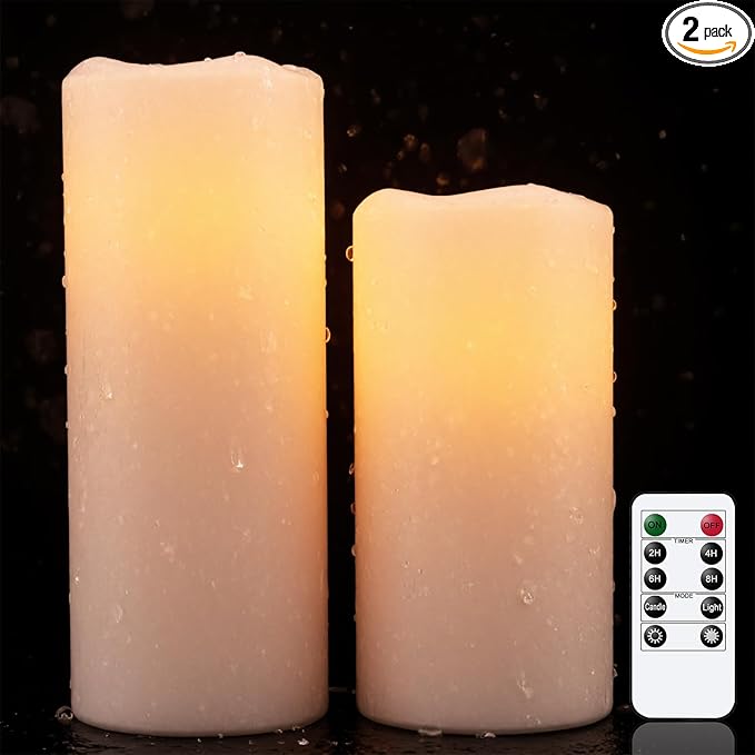 Wondise Waterproof Flameless Flickering Candles with Remote and Timer, Outdoor Waterproof Plastic LED Candels Battery Operated Pillar Candles for Ourdoor Garden Yard Decor (D4 x H 8" 10")