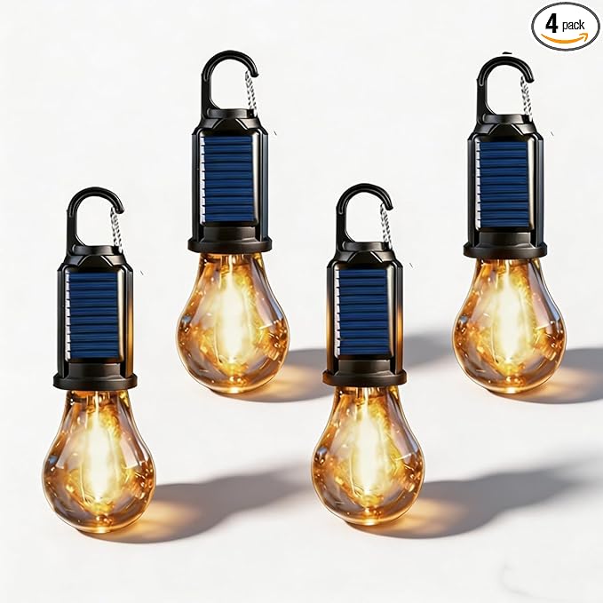 4 Pack Solar Camping Lights Sensor Hanging Hooked Tent Lantern Outdoor USB Rechargeable Bulb Lamp with Clip Hook Keychain 4 Lighting Modes for Christmas Decorations Hiking Backpacking Warm Light