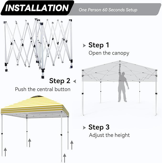 Nazhura 10' x 10' Pop Up Canopy with Sand Weight Bag, Awing for Patio, Freestanding Sun Shelter for Picnic and Camping, One Person Setup, White (Yellow Stripe)