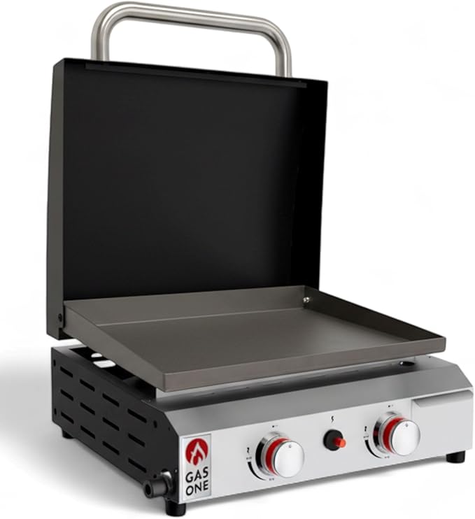 GasOne Flat Top Gas Grill with Lid – Auto Ignition Propane – Premium Stainless Steel Body Tabletop with Pre Season Griddle – Oil Drip Tray – for RV, Camping