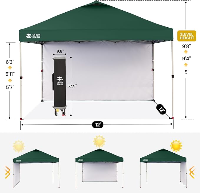 CROWN SHADES 12x12 Pop Up Canopy Tent Instant Commercial with 150D Silver Coated Fabric Including 1 Removable Sidewall, 4 Ropes, 8 Stakes, Weight Bags, STO 'N Go Bag, Forest Green