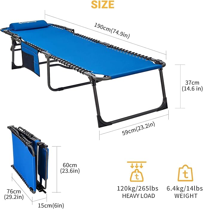 KingCamp Reclining Lounger Chair Camping Cots, 74.8" x 23.2" x 13.3", Blue