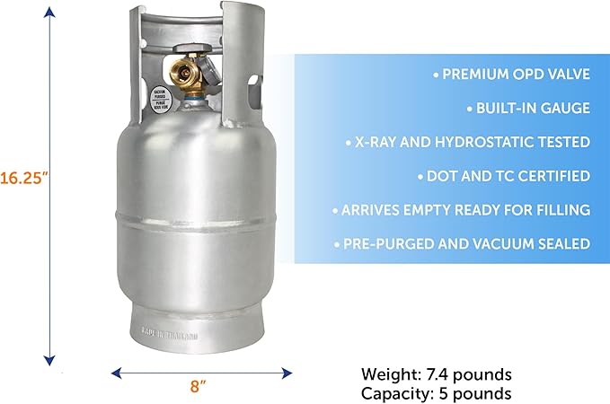 Flame King 5LB Aluminum Propane Tank with Gauge & OPD Valve, Corrosion-Resistant and Rust-Free, Lightweight, Great for Marine Applications, Grills and BBQs, Camping, Fishing, & Outdoor Activities
