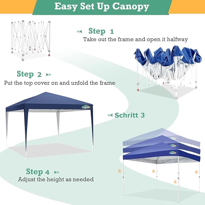 COBIZI 10x10 Pop Up Canopy Tent with 4 Sandbags, Easy Set Up Gazebo, Instant Outdoor Sun Shade &Waterproof Canopy with 8 Stakes,4 Ropes&Carry Bag, Tents for Parties, Beach, Backyard,Camping(Navy Blue