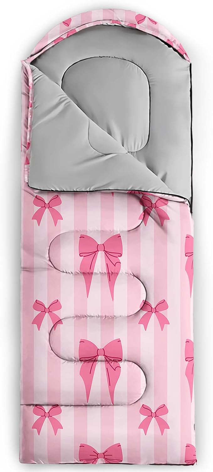 Colorful Bow Sleeping Bag, 3 Season Warm Cool Weather, Hand Drawn Bow Camping Sleeping Bag for Adult, Cute Bowknot Camping Backpacking for Outdoor Traveling Hiking Hunting Gear Equipment