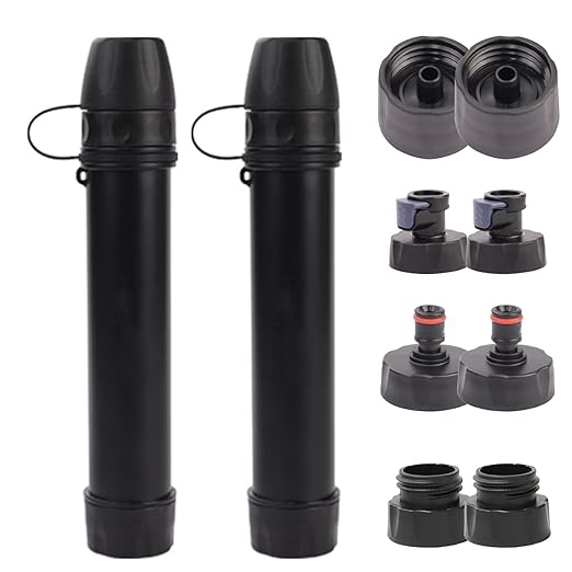 2 Pack Survival Water Filter Straw for Hiking & Camping, 2025 Personal Portable Water Purifier, 3000L Long Life, Includes Bottle & Hydration Bladder Adapters (2, Black, 3x3x19.3cm)