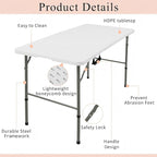 Folding Tables with Carrying Handle Lightweight Rectangular Portable Plastic Camping Table Steel Legs for Party, Dining, Wedding, Events, Picnic Indoor, Outdoor (1, White, 4 FT)