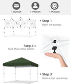 GarveeLife 10x10 Pop Up Canopy with One Button Push Setup - Heavy Duty Outdoor Canopy Tent with Portable Roller Bag - 3 Adjustable Height, 4 Weight Bags, 8 Stakes & 4 Guy Ropes Included, Green