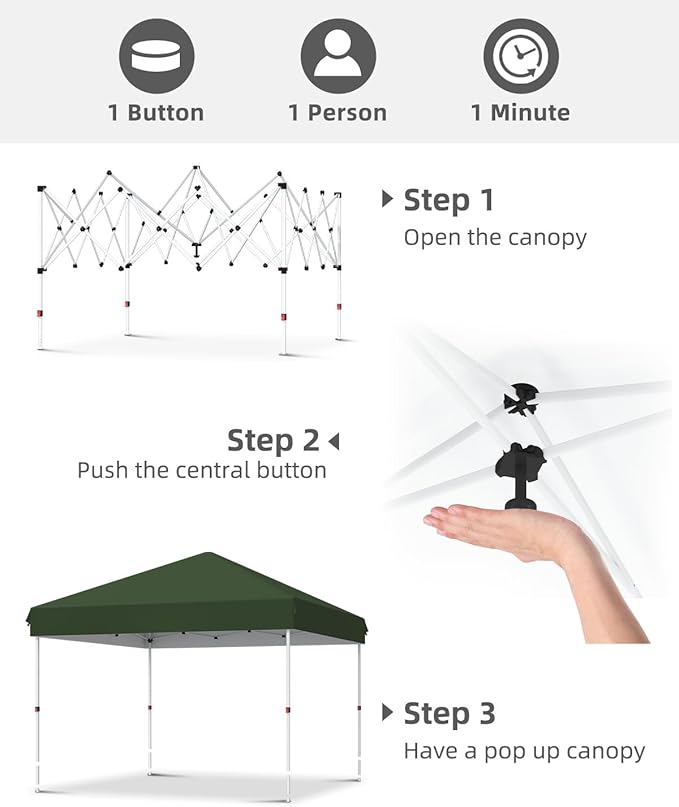 GarveeLife 10x10 Pop Up Canopy with One Button Push Setup - Heavy Duty Outdoor Canopy Tent with Portable Roller Bag - 3 Adjustable Height, 4 Weight Bags, 8 Stakes & 4 Guy Ropes Included, Green