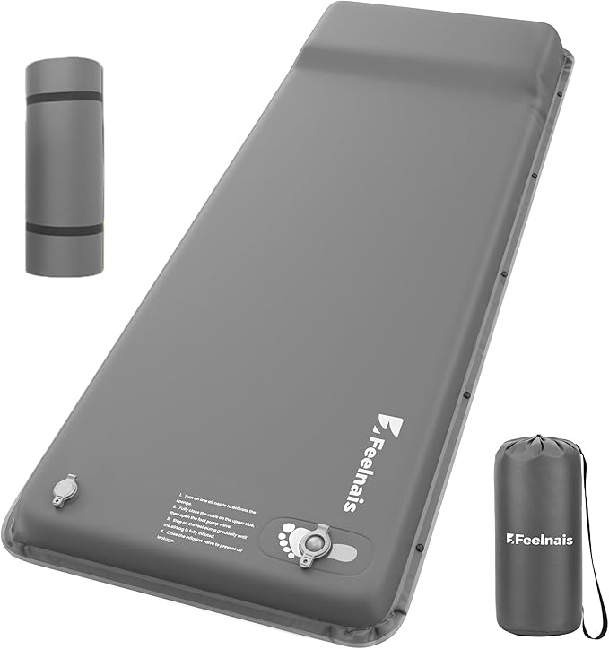 Camping Sleeping Pad, Built-in Foot Pump Inflatable Sleeping Pads, Memory Foam Mattress with Pillow, 4 Season Camping Mattress Pad, Camping Essentials Gear for Tent, Car, Hiking - Grey