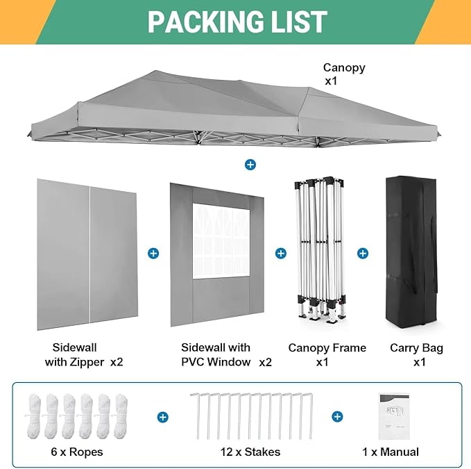 COBIZI 10x20 Pop Up Canopy Tent with 6 Sidewalls Party Tents Waterproof UPF 50+ Commercial Instant Outdoor Events Tent for Parties Markets Backyard, Ropes（10 x 20 ft Gray