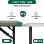 Folding Table 4ft - Heavy Duty Fold-in-Half Plastic Table with Adjustable Height, Portable Utility Tables with Steel Legs for Indoor, Outdoor, Picnic, Camping, Dining, Party (Khaki)