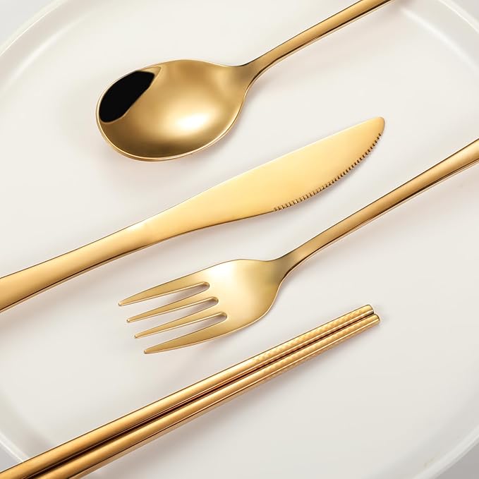 Travel cutlery set, 18/8 stainless steel cutlery, Reusable utensils set with case, Portable Silverware Lunch Box for Camping and Office-Stainless steel (Gold)