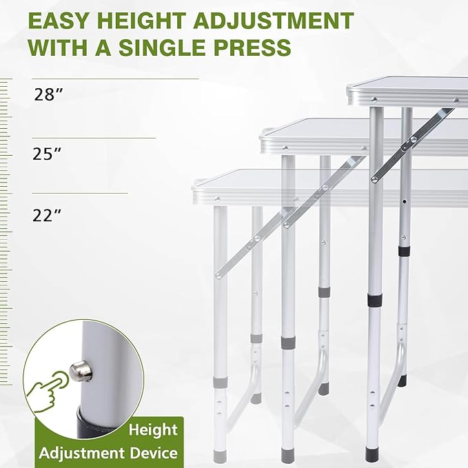 Camping Table, Folding Camping Table with Storage, Portable Kitchen Table, Lightweight, 3 Heights Adjustable Camping Furniture for BBQ, Picnic, Camping, Hiking, Beach, and Indoor