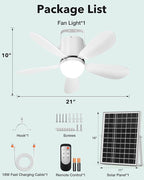 21” Solar Ceiling Fan Light, 35W Solar Powered Gazebo Fan with Remote Control, Rechargeable Battery Operated Portable Camping Fan Outside, for Tent Patio Greenhouse Porch Canopy Pergola