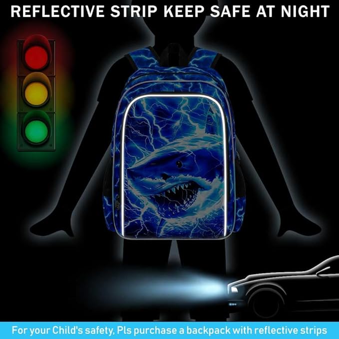 17" Shrak Backpack for Boy, 3Pcs Lightning Bookbag for Elementary Preschool Kindergarten, Kids School Thunder Backpacks with Lunch Box (Blue)