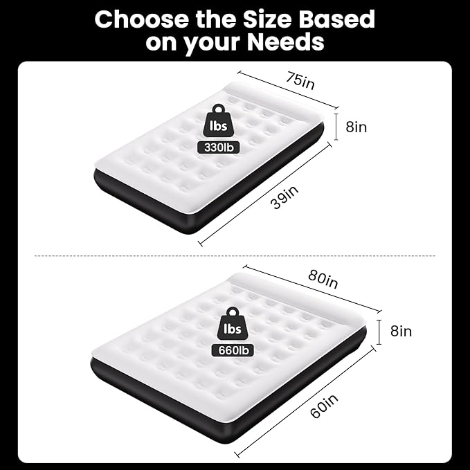 COMMOUDS Queen Air Mattress with Built-in USB Rechargeable Air Pump, 8" Raised Blow up Mattress with Built-in Pillow, Portable Inflatable Mattress, Air Bed for Camping, Travel, Home and Guest