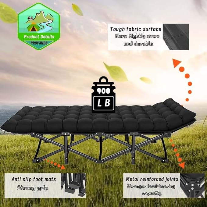 Oversized XXL Folding Camping Cot W/Mat for Adults,Heavy Duty Outdoor Bed with Carry Bag1200 D Layer Oxford Portable Travel Camp Cots Extra Wide Sleeping Cots (Black With Comfortable Mattress)