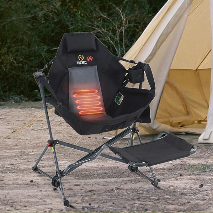 Nice C Heated Hammock Camping Chair with Footrest, Heated Camping Chair with Battery, Rocking Swing Chairs, Hammock Chairs with Stand, Heavy Duty (1, Heat Black W/Footrest)