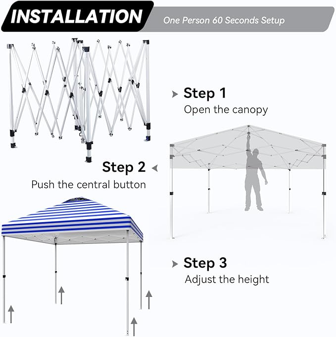 Nazhura 10' x 10' Pop Up Canopy with Sand Weight Bag, Awing for Patio, Freestanding Sun Shelter for Picnic and Camping, One Person Setup, White (Blue Stripe)