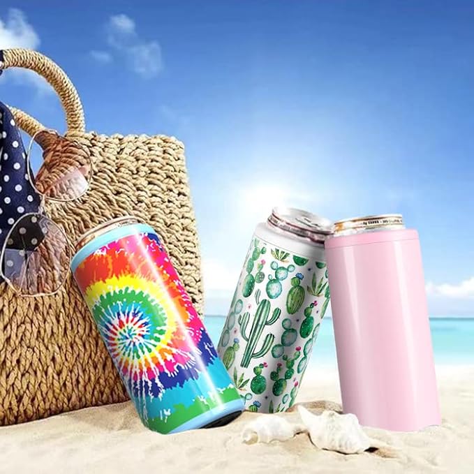 TILUCK Skinny Can Cooler for Slim Beer & Hard Seltzer, Stainless Steel, Doucle-Walled Stainless Steel Insulated Slim Cans, Standard 12 oz (Spinning Rainbow)
