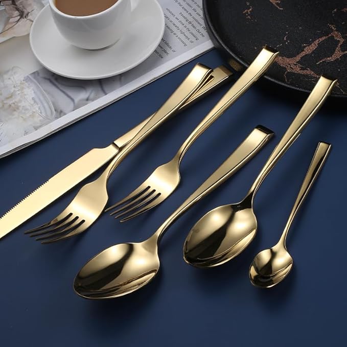 Cutlery Set Pieces Service Stainless Steel Titanium Flatware,16-piece Flatware Set, 4 Servings Tableware, Stainless Steel Cutlery, Including Knife, Fork and Spoon Teaspoon with Gold Wooden