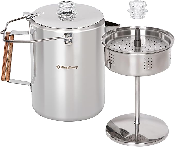 KingCamp Percolator Coffee Pot Campfire Coffee Boiler Kettle 304 Stainless Steel with Wood Handle for Outdoor Camping Cookware, Cabin, RV, Kitchen, Hunting & Backpacking, NO Aluminum or Plastic 12 Cup