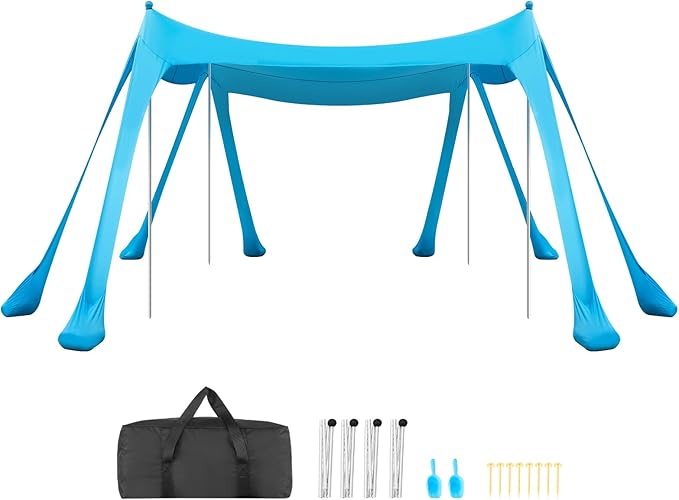 VEVOR Beach Tent Sun Shelter, UPF50+ Sun Protection, 6.6 ft Tall, 10 x 10 ft, Easy Pop Up Beach Canopy with Sandbags, Stability Poles, Sand Shovels, Portable Shade for Family, Camping, Fishing, Blue