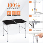 3.0 Ft Folding Portable Camping Table with Adjustable Height Legs, RV Dining Tables, Grill, DJ, BBQ, Dining, Picnic, Cooking, Beach, Garden, Black