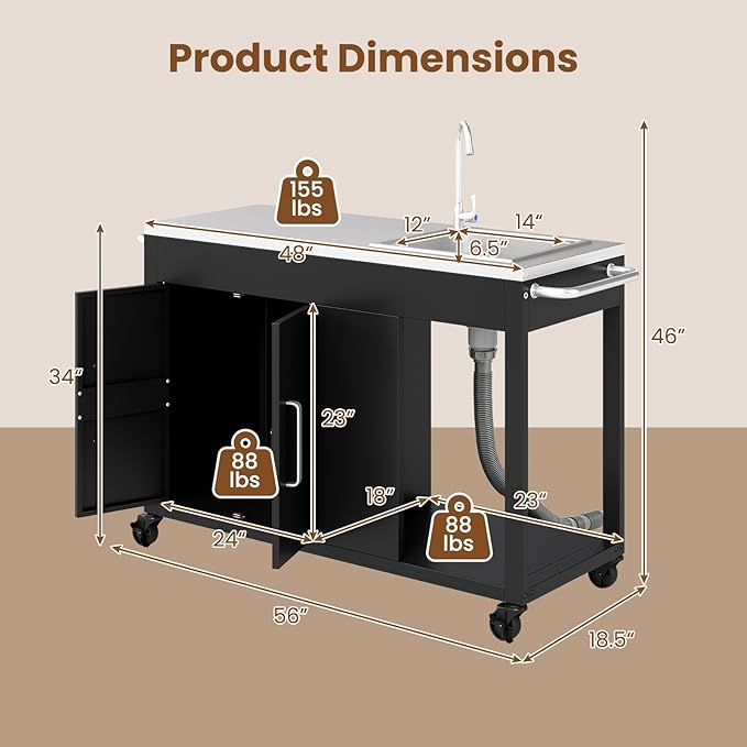 Happygrill 56" Outdoor Grill Table with Sink & Drainage, Heavy Duty Metal Grill Cart with Stainless Steel Top & Storage Cabinet, Outdoor Prep Table with Handles & Wheels for Patio, Garden & Backyard
