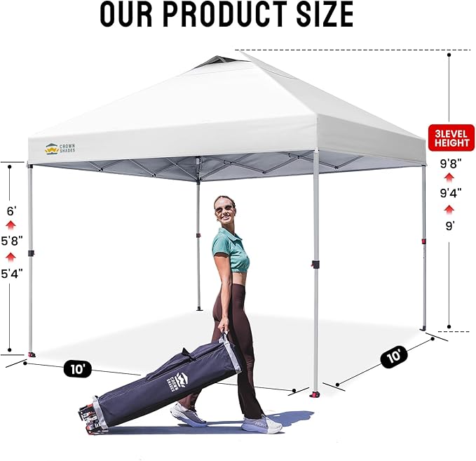 CROWN SHADES 10x10 Pop Up Canopy, Patented Center Lock One Push Tent Canopy, Newly Designed Storage Bag, 8 Stakes, 4 Ropes (10x10, White)