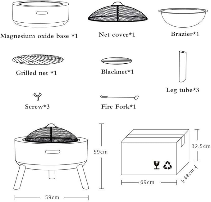 Fire Pit with Barbecue Grill Magnesium Oxide Fire Pit Bowl with Triangular Bracket Suitable for Outdoor Garden Barbecue Camping (White)