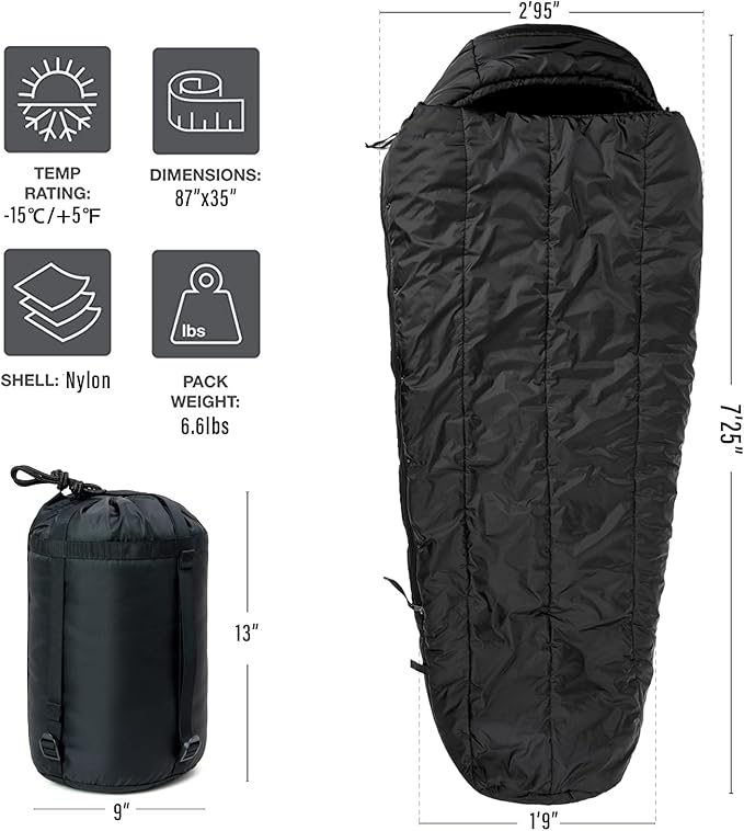 MT Military Patrol/Intermediate Sleeping Bag, Part of 4 Piece Army Modular Sleep System for All Season Olive Drab/Black