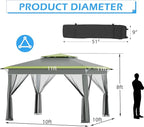 ECOTOUGE 11 FT Pop Up Canopy Tent with Mosquito Nettings, Instant Shelte gazebos on Clearance w/Carrying Roller Bag, Waterproof and UV Resistant Canopy Tent for Grill, Garden and Backyard Grey-Green