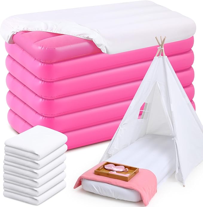 Windyun 6 Sets Kids Air Mattress Bulk with Fitted Sheet,Toddler Inflatable Bed 63 x 27 x 8 Inches Blow up Airbed Camping Sleeping Pad for Aged 3-10 Years Old Birthdays Slumber Sleepover Party (White)