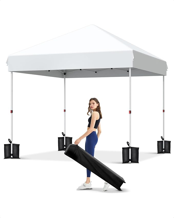 GarveeLife 10x10 Pop Up Canopy with One Button Push Setup - Heavy Duty Outdoor Canopy Tent with Portable Roller Bag - 3 Adjustable Height, 4 Weight Bags, 8 Stakes & 4 Guy Ropes Included, White