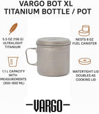 Vargo Titanium BOT Series | BOT XL | Ultralight Water Bottle Cooking Pot 1.1L (37 oz) | Weights: 5.5 oz (156g) | Water-tight Lid Backpacking Camping