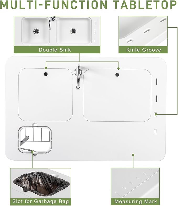 40" Folding Fish Cleaning Camping Table w/Faucet & Sink, Outdoor Portable Fillet Station w/Grid Frame, Knife Groove, Multifunctional Washing Table for Camping or Kitchen, White