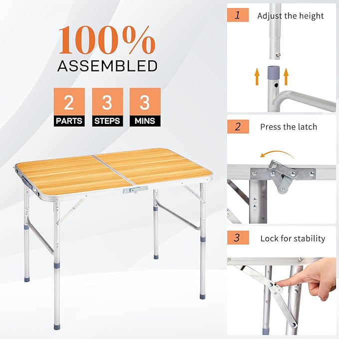 3.0 Ft Folding Portable Camping Table with Adjustable Height Legs, RV Dining Tables,Grill, DJ, BBQ, Dining, Picnic, Beach, Garden, Party, Yellow