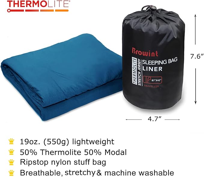 BROWINT Thermolite Sleeping Bag Liner with Zippers for Cold Weather, Lightweight Mummy with Hood & Rectangular Sleep Sack for Adult, Adds Warmth, Thermal Travel Liner, All Season