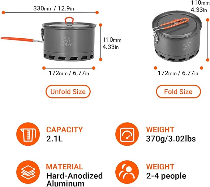 Bulin Camping Pot, 1.2L/1.5L High Efficiency Backpacking Pot Ultralight Camping Cooking Set Cookware Gear with Heat-Proof Handle & Heat Exchanger for Outdoor Picnic Hiking Travel