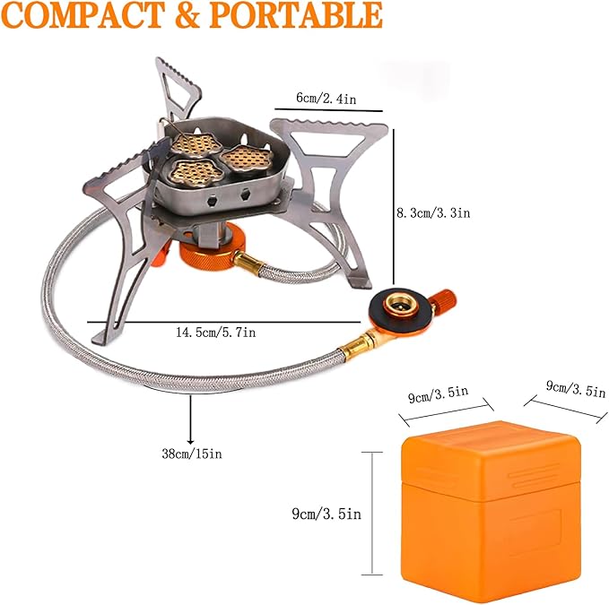 SVNVIOZ 5800 Camping Stove, Windproof Backpacking Stove with 3 Burner Cores, Piezo Ignition, Storage Box, 2 Types Fuel Canister Adapters, Camping Gear Portable Stove for Outdoor Camping Hiking Cooking