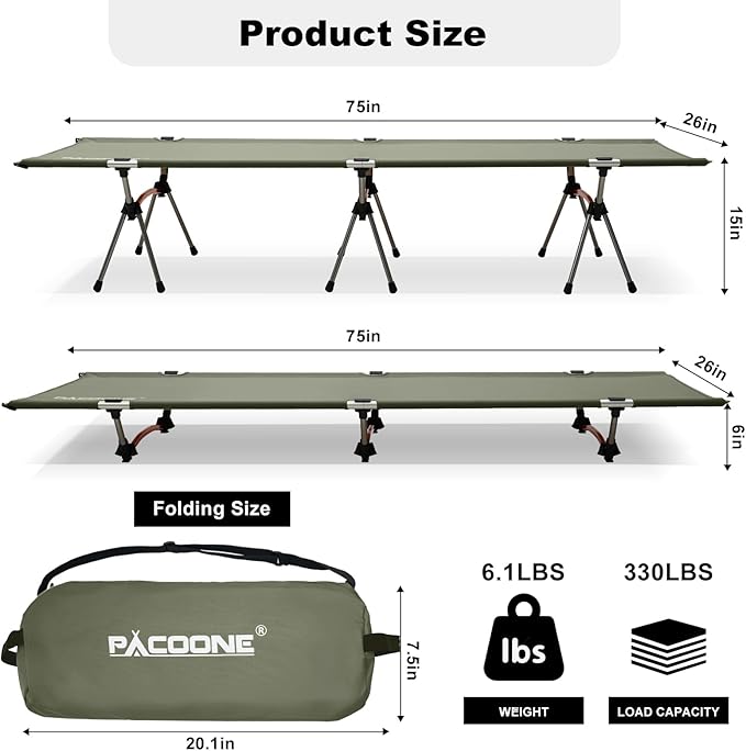 2-in-1 Ultralight Folding Camping Cot with Leg Extenders, Military Camping Cots Bed, Heavy Duty Folding Sleeping Camping Cot for Backpacking Hiking Travel Tent, Support 330 Lbs(Green)