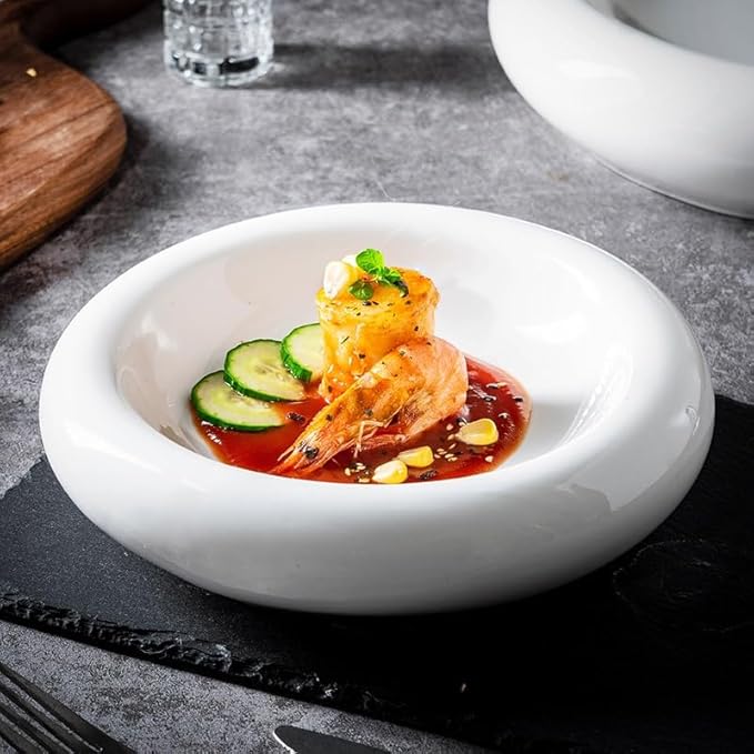 Camping Plates 8-inch White Ceramic Kitchen Tableware Creative Artistic Conception Western Food Plating Hotel Restaurant Cold Dish Bowl Decorative Plate(10 in)